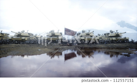 American military tanks Abrams and skulls. Help for ukraine. Anti war concept. 3d rendering. 112557151