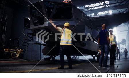 Production of military futuristic ship at the factory. Future concept. 3d rendering. Production of military futuristic ship at the factory. Future concept. 3d rendering. 112557153
