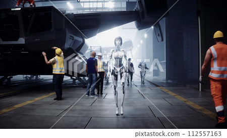 Robot walking. Production of military futuristic ship at the factory. Future concept. 3d rendering. 112557163