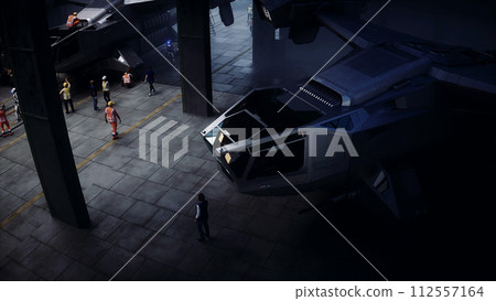 Production of military futuristic ship at the factory. Future concept. 3d rendering. 112557164