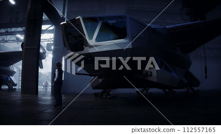 Production of military futuristic ship at the factory. Future concept. 3d rendering. 112557165