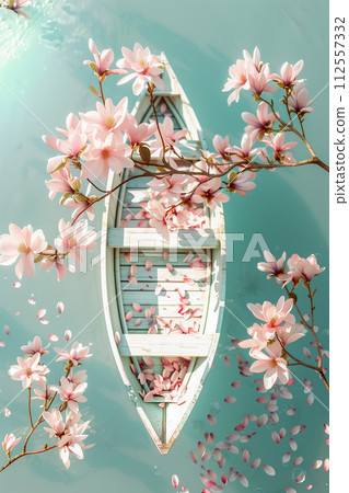 View Pastel Boat Adorned with Cherry Blooms 112557332