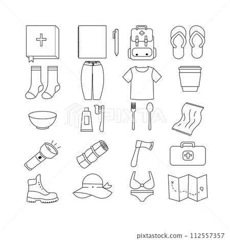 Set of hand drawn camping equipment symbols 112557357