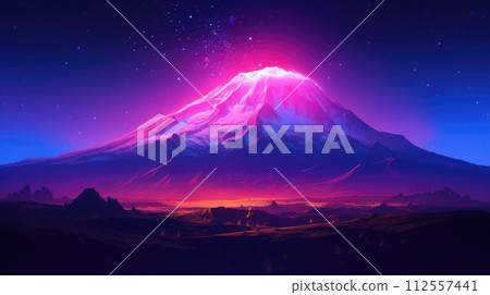 AI-generated content. Enchanting Landscape of Fuji Mountain in Japan with Pink neon Sky and Snowy Peaks 112557441