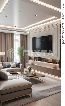 現代豪華優雅的客廳與春天的花朵人工智慧生成 112557532