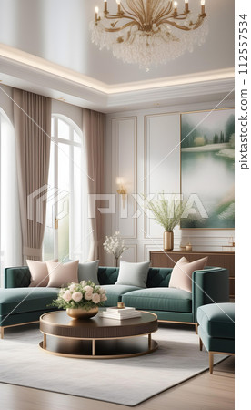 現代豪華優雅的客廳與春天的花朵人工智慧生成 112557534