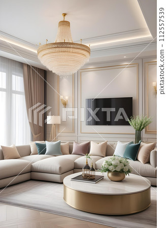 現代豪華優雅的客廳與春天的花朵人工智慧生成 112557539