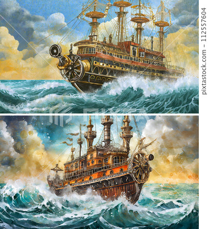 A steampunk-style ship navigating the rough sea (2 images) | Edit adobe AI-generated image that clears copyright issues 112557604