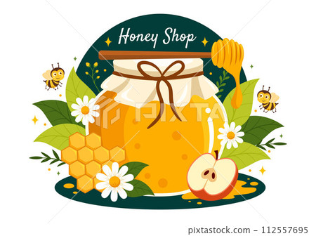 Honey Store Vector Illustration with a Natural Useful Product Jar, Bee or Honeycombs to be Consumed in Flat Cartoon Background Design Honey Store Vector Illustration with a Natural Useful Product Jar, Bee or Honeycombs to be Consumed in Flat Cartoon Background Design 112557695