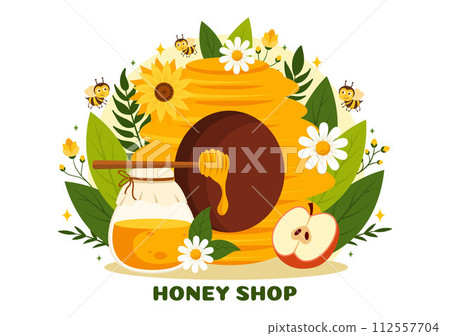 Honey Store Vector Illustration with a Natural Useful Product Jar, Bee or Honeycombs to be Consumed in Flat Cartoon Background Design Honey Store Vector Illustration with a Natural Useful Product Jar, Bee or Honeycombs to be Consumed in Flat Cartoon Background Design 112557704