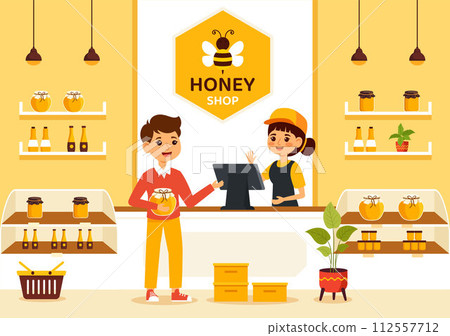 Honey Store Vector Illustration with a Natural Useful Product Jar, Bee or Honeycombs to be Consumed in Flat Cartoon Background Design 112557712