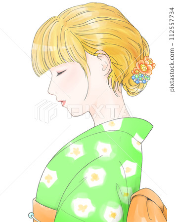 Sideways green yukata woman blonde [recolored version] 112557734