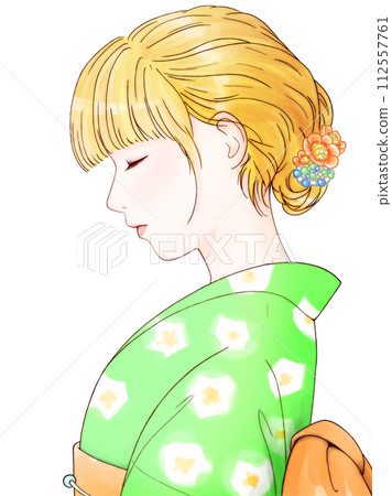Sideways green woman in yukata blonde hair [recolored & contour emphasized version] 112557761