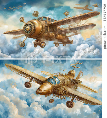 蒸氣龐克風格的飛機在雲端飛行（2張圖片）| 編輯adobe AI產生的圖像，清除版權問題 112557796