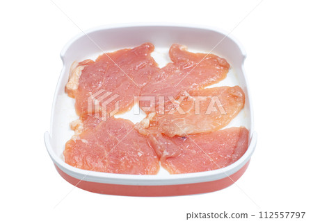 Fresh raw offal sliced on square plate isolated on white background, hot pot ingredients. 112557797
