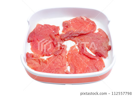 Fresh raw offal sliced on square plate isolated on white background, hot pot ingredients. 112557798