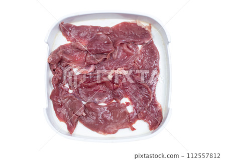 Fresh raw offal sliced on square plate isolated on white background, hot pot ingredients. 112557812