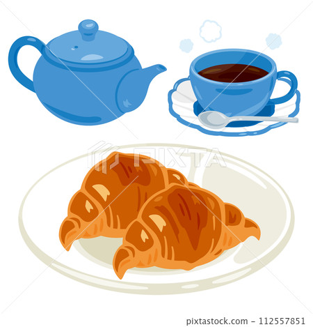 A set of croissants and hot coffee on a plate A set of croissants and hot coffee on a plate 112557851