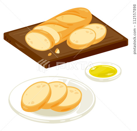 Baguette on wooden plate and plate 112557898