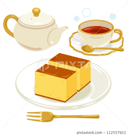 A set of castella and hot tea on a plate A set of castella and hot tea on a plate 112557921