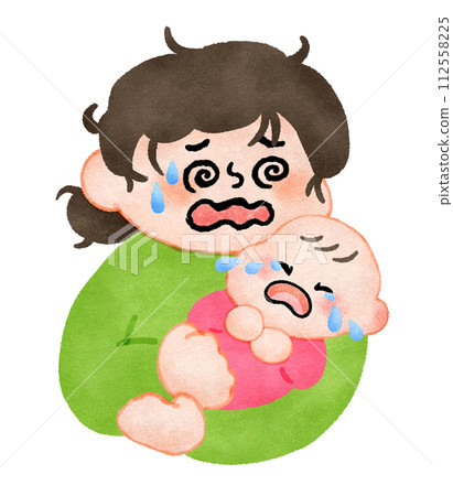 媽媽擔心哭鬧的嬰兒，手繪插畫素材 112558225