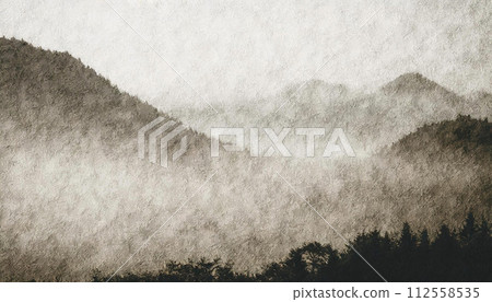 A landscape with the shadow of a mountain drawn on Japanese paper 112558535