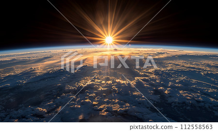 Sunrise seen from space: The sun rising from the Earth's horizon seen from an artificial satellite: Detailed CG 112558563