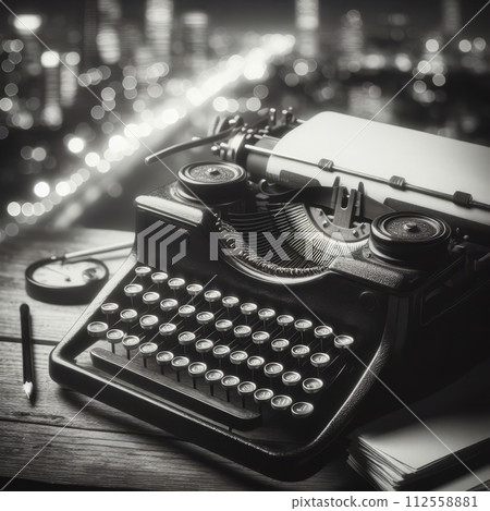 Vintage typewriter on a wooden table with a lamp and a vase of flowers 112558881