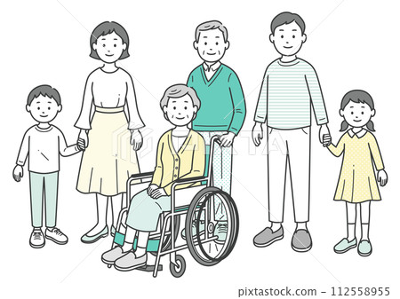 Full body illustration of three generations of family gathered together 112558955