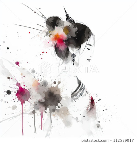 Thailand girl wearing traditional clothes in splash ink painting with Generative AI. 112559017