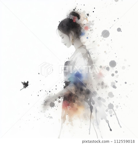 Thailand girl wearing traditional clothes in splash ink painting with Generative AI. 112559018