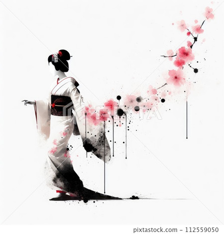 Japanese geisha in kimono dress in splash ink painting with Generative AI. 112559050