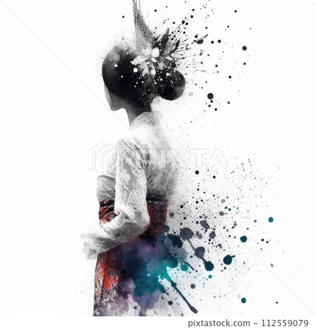 Indonesian girl wearing traditional clothes in splash ink painting with Generative AI. 112559079