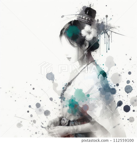 Thailand girl wearing traditional clothes in splash ink painting with Generative AI. 112559100
