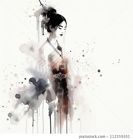 Thailand girl wearing traditional clothes in splash ink painting with Generative AI. Thailand girl wearing traditional clothes in splash ink painting with Generative AI. 112559101