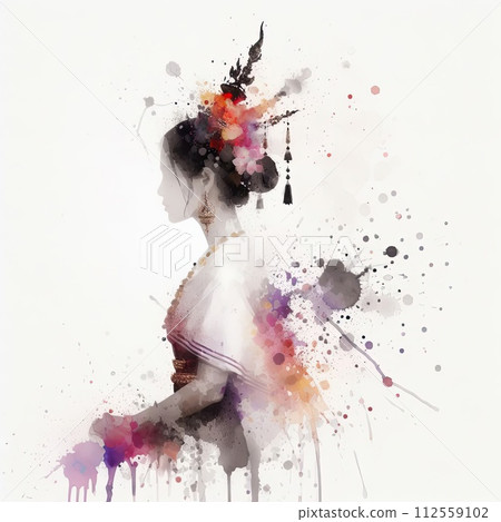Thailand girl wearing traditional clothes in splash ink painting with Generative AI. 112559102