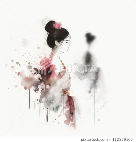 Thailand girl wearing traditional clothes in splash ink painting with Generative AI. 112559103