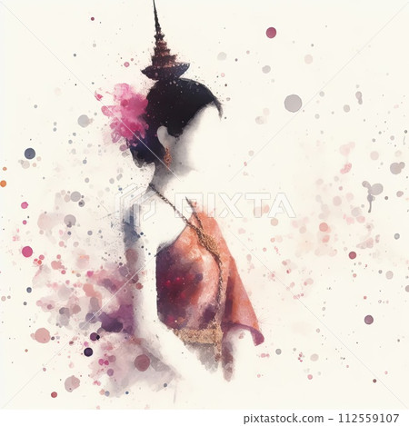 Thailand girl wearing traditional clothes in splash ink painting with Generative AI. 112559107