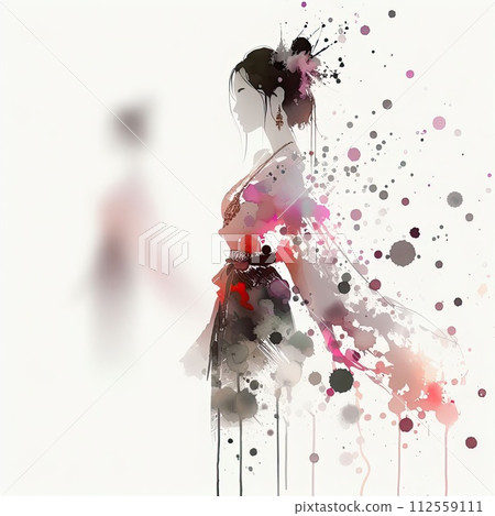 Thailand girl wearing traditional clothes in splash ink painting with Generative AI. Thailand girl wearing traditional clothes in splash ink painting with Generative AI. 112559111