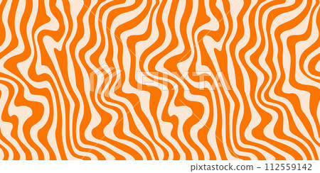 Wavy line seamless pattern. Trippy groovy liquid waves background. Repeating retro psychedelic texture in 60s, 70s style. Curve flowing stripes wallpaper for textile, print, wrapping paper. Vector 112559142
