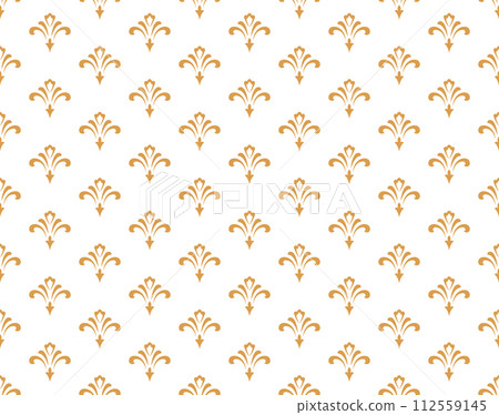 Wallpaper in the style of Baroque. Seamless vector background. White and golden floral ornament. Graphic pattern for fabric, wallpaper, packaging. Ornate Damask flower ornament Wallpaper in the style of Baroque. Seamless vector background. White and golden floral ornament. Graphic pattern for fabric, wallpaper, packaging. Ornate Damask flower ornament 112559145