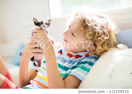 Child playing with kitten. Cat and kid at home. Child playing with kitten. Cat and kid at home. 112559518