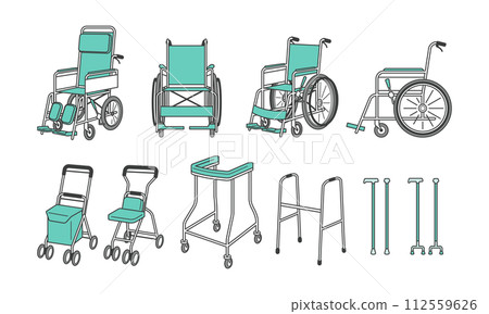 Nursing care supplies set illustration of wheelchair, silver car and cane 112559626