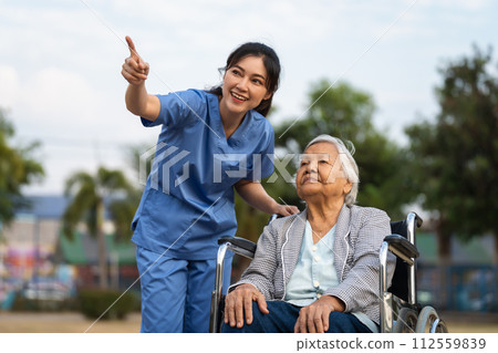 happy caregiver nurse take care and talking with senior woman in using walker at park 112559839