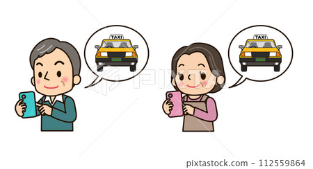 一對中年夫婦用智慧型手機叫計程車 112559864