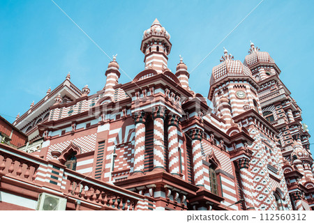 Beautiful architecture of Jami Ul-Alfar Mosque or the Red Mosque an iconic and most popular historic mosque in Colombo, Sri Lanka. Beautiful architecture of Jami Ul-Alfar Mosque or the Red Mosque an iconic and most popular historic mosque in Colombo, Sri Lanka. 112560312