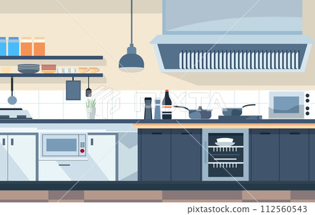 Flat Design of Modern Kitchen Interior in Restaurant with Storage Shelves and Stove Flat Design of Modern Kitchen Interior in Restaurant with Storage Shelves and Stove 112560543