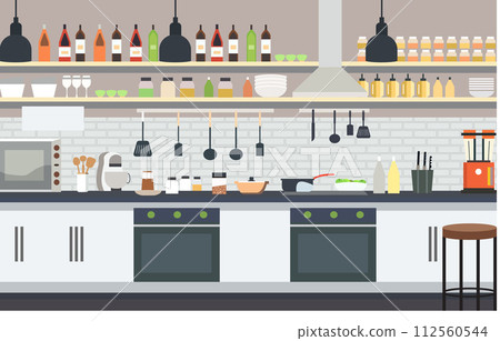 Flat Design of Modern Kitchen Interior in Restaurant with Storage Shelves and Stove 112560544