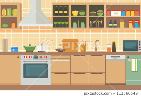 Flat Design of Kitchen in Restaurant with Kitchen Utensils and Storage Shelves 112560549