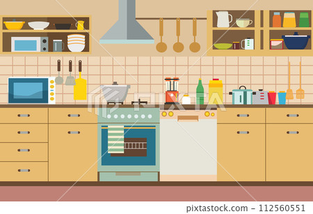 Flat Design of Kitchen in Restaurant with Kitchen Utensils and Storage Shelves Flat Design of Kitchen in Restaurant with Kitchen Utensils and Storage Shelves 112560551